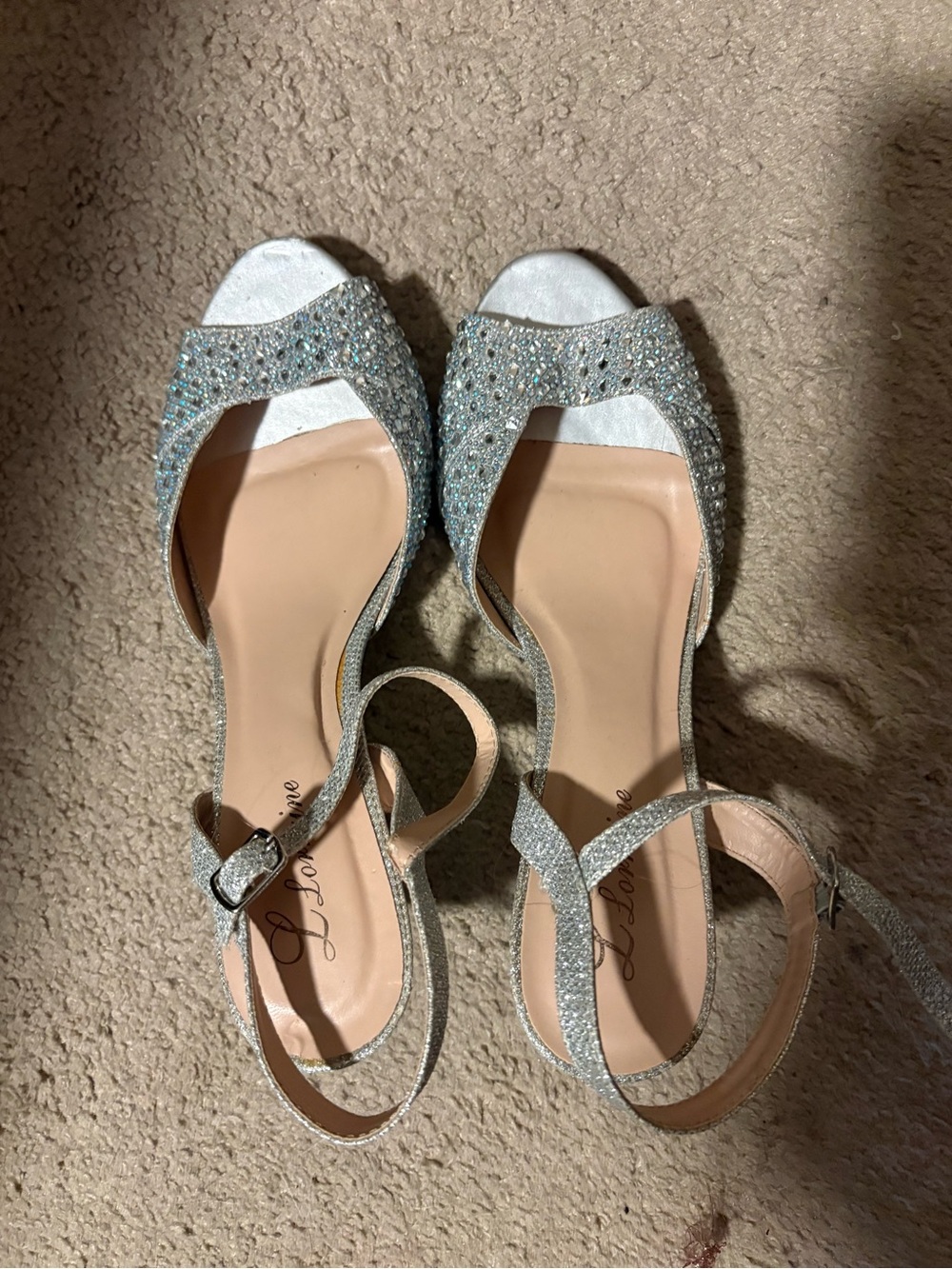 L'Amour Silver Glitter Open-Toe Heels with Rhinestones